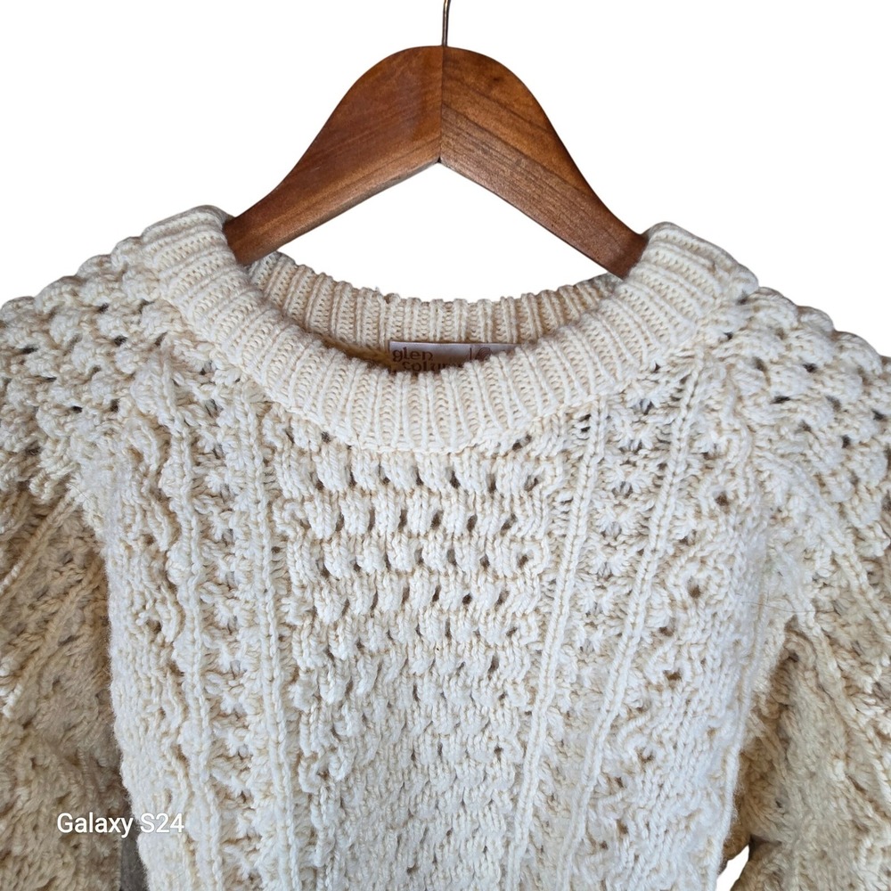 Glen Columkille Wool Knit Sweater Cream Aran‎ Cable Knit Crew Neck Ireland - Picture 2 of 5